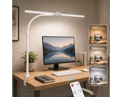 Lapamax Bureaulamp LED Dimbaar met Klem Ø80 cm-Werklamp met Dubbele Lichtkop 180° Verstelbaar - Monitor Lamp met 360° Flexibele Zwanenhals -Klemlamp met 5 Lichtkleuren-Hobbylamp-Architectenlamp voor Thuiswerk, Computerwerk,Tekenen-Wit