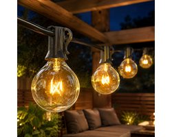 Lapamax G40 Lichtsnoer met 50 Glazen Lampen - 16,4 m - Warm Wit - E12 Globe Lichtketting met 4 Reserve Lampen - Koppelbare Terrasverlichting met Zwart Snoer - voor Raam, Muur en Kerstboom