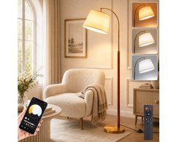 Lapamax Japandi Vloerlamp 170 cm - Houten Staande Lamp met Stoffen 90° Kantelbare & 350° Draaibare Lampenkap - Dimbare RGB+CCT hoeklamp met APP & Afstandsbediening -Slimme verlichting voor Woonkamer, Slaapkamer en Kantoor