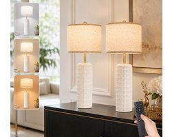 Lapamax Moderne Tafellampen Keramiek Set van 2 - Dimbare Bedlamp met Linnen Kap-leeslampje met Afstandsbediening-Timer & 3 Lichtkleuren-nachtlampje voor Slaapkamer en Woonkamer Nachtkastje