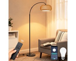 Lapamax Rotan Booglamp - Boho Vloerlamp Dimbare- Staande Lamp met Afstandsbediening & APP- Hoogte Verstelbaar 185 cm & 360° Draaibare Arm - 3 Kleurtemperaturen & Voetschakelaar - hoeklamp Voor Slaapkamer Woonkamer Slaapkamer