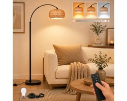 Lapamax Rotan Vloerlamp - Staande Lamp Dimbaar - Boho Booglamp met 3-in-1 Rotan & Stoffen Lampenkap - Afstandsbediening, APP & Voetschakelaar - 360° Draaibaar & Hoogte Verstelbaar 185 cm-hoeklamp voor Woonkamer Slaapkamer Leeshoek Kantoor