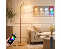 Lapamax Scandinavisch Slimme Vloerlamp -Staande Lamp met Houten Paal en Linnen Lampenkap - RGB+CCT Dimbaar met APP & Afstandsbediening - Slimme Sfeerverlichting voor Woonkamer, Leeshoek en Slaapkamer