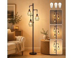 Lapamax Vloerlamp Industrieel Zwart - 3-Lichts Staande Lamp met 3 Metalen Kappen - Traploos Dimbare Hoeklamp met E27 LED Lampen 3000K - Vintage Sfeerlamp voor Woonkamer, Slaapkamer, Leeshoek en Kantoor