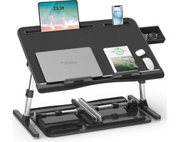 Laptop bedtafel, lederen verstelbare hoogte hoek bed bureau, X-Large opvouwbare laptopstandaard voor bed met Eco houten plank voor werken lezen eten op bed sofa vloer (zwart, 60 x 40 cm)