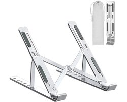 Laptop standaard - Laptop verhoger - Verstelbaar en opvouwbaar - Ergonomische laptop- en tablethouder - Aluminium met opbergzakje - Compact - Universeel - Zilver - Jonyx