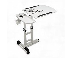 Laptophouder Verstelbaar 65-90 cm - Kantelbaar Blad Met Muisplateau - Vergrendelbare Wielen - Mobiel Bureau voor Bed Bank of Kantoor - Wit