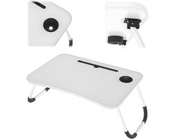 Laptoptafel Bed 60x40cm Inklapbaar Wit – Schoottafel Bedtafel Bedbureau met Bekerhouder & Tablethouder – Opvouwbaar MDF Laptop Stand Bureau – Ontbijtdienblad Bank Sofa – Thuiswerken Studeren Lezen Schrijven – W-poten Antislip