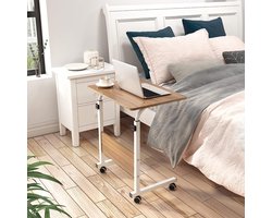 Laptoptafel op wielen notenhout 60 x 40 CM - Verstelbaar van 71 CM tot 90 CM hoogte - Laptoptafel bed verstelbaar - Bedtafel - Bedtafeltje met wielen