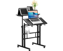 Laptoptafel - Staande Tafel - Bijzettafel - Bureau - In hoogte Verstelbaar van 67 tot 115cm - Kantelbaar - Staan of Zitten - Op Wielen