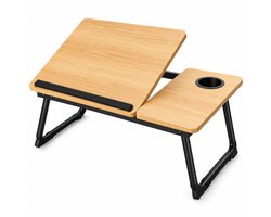 Laptoptafel voor Bed & Bank – Inklapbare Bedtafel met Verstelbaar Werkblad – Bekerhouder & Zijblad – Laptopstandaard van Bamboe – Tot 45 kg