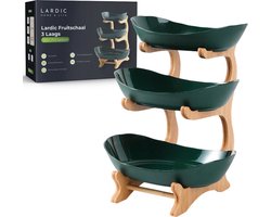 Lardic® Fruitschaal 3 Laags - Serveertoren - Fruit Etagère - Fruitmand Keramiek - Groentemand - Bamboe Hout - Opberger - Porselein - Groen