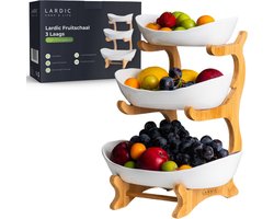 Lardic® Fruitschaal 3 Laags - Serveertoren - Fruit Etagère - Fruitmand Keramiek - Groentemand - Bamboe Hout - Opberger - Porselein - Wit