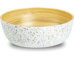 Large bamboo salad bowl - Handmade wooden eco-friendly decorative serving bowl - Large fruit bowl with white terrazzi pattern - Wooden bread basket for pasta snacks and chips
