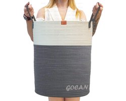 Large Tall Robust Laundry Hamper Basket Woven Storage Baskets for Clothes Cushion Blanket Toy in Living Room or Bedroom Decoration H50XT38 cm Grey/Beige