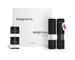 LARS NYSØM Spice Mills & Spices Gift Set - Zout- en pepermolenset met chilimolen en 2 kruidenpotjes (zout, peper, chili) - Een geweldig cadeau-idee dankzij de prachtige geschenkdoos (Carbon Black)