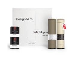 LARS NYSØM Spice Mills & Spices Gift Set - Zout- en pepermolenset met chilimolen en 2 kruidenpotjes (zout, peper, chili) - Een geweldig cadeau-idee dankzij de prachtige geschenkdoos (Taupe Brown/Almond Beige)