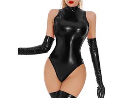 Latex bodysuit zwart PU-leer lingerie set sexy wetlook catsuits