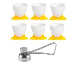 LATRAT Eierdopjes, eieropener, set, 6 stuks eierstandaard + 1 stuks roestvrijstalen eiopener, cartoon, eierstandaard, eierstandaard, voor kinderen, ontbijt, eierdopje, eierhouder in de keuken voor