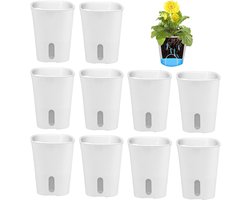 LATRAT Set van 10 zelfwaterende bloempotten, plastic cactusplantpotten, mini-bloempotten met lontsysteem, kleine bloempotten voor kamerplanten, rond, wit