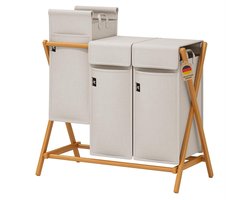 Laundry basket 2 compartments 100 l voor vuile was sorteerder houten wasmand met deksel X-vormige bamboe planken (150 l licht grijs)