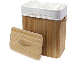 Laundry Sorter with Linen Laundry Bag - Bamboo, 105 Liters, Natural Colour, 52 x 32 x 63 cm, Rectangular Laundry Box with Two Compartments, Handles and Lid