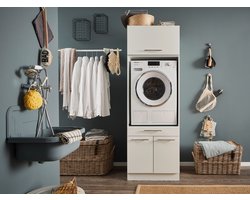 Laundry Wasmachine kast met verhoger en bovenkast - Wasmachine kast - Wasmachine ombouw meubel - Wit - Wasmachine ombouw kast - Hoogte 200 cm - Met bovenkast