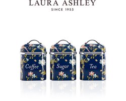 Laura Ashley Kitchen Storage Boxes Set of 3 – Stainless Steel – For Tea, Coffee & Sugar – Removable Lids – Elveden Navy