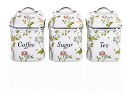 Laura Ashley Kitchen Storage Boxes Set of 3 – Stainless Steel – For Tea, Coffee & Sugar – Removable Lids – Elveden White