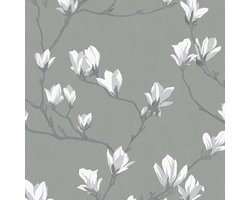 Laura Ashley Magnolia Grove Behang - Bloemen - 10mx52cm - Grijs