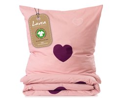 Lavea® Kinderbeddengoed van 100% biologisch katoen – 1 dekbedovertrek 100x135 cm + 1 kussensloop 40x60 cm – Zacht, ademend – Hartjesmotief Roze & Bordeaux