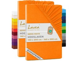 Lavea® Set van 2 Hoeslakens 140x200 cm – voor Dikke Matrassen tot 35 cm, voor Boxspring & Waterbed – 100% Katoen – met Elastiek – Hoge Kwaliteit – Zonsondergang Rood