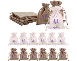 Lavendelzakjes 12 stuks – Lege Geurzakjes van Katoen Linnen met Borduursel, Herbruikbare Opbergzakjes voor Lavendel, Rozenblaadjes en Cadeautjes – 10x14 cm, Wit & Linnenkleur