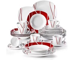Lavish Serviesset – 6 persoons – 30 delig – Rood wit Keramisch – Dinerborden – Ontbijtborden