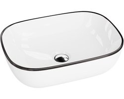 LAVITA® Opzetwastafel COSTA Keramische Wastafel voor Badkamer en Gastentoilet - 460x325x135 mm - Wit Hoogglans/Zwarte Lijn - Wasbak met dunne rand - Keramik Waskom opbouw zonder kraangat en zonder overloop