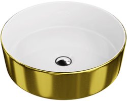 LAVITA® Opzetwastafel MERIDA Ronde Keramische Wastafel voor Badkamer en Gastentoilet - 370x370x120 mm - Gouden/Wit Hoogglans - Wasbak met dunne rand - Keramik Waskom opbouw zonder kraangat en zonder overloop