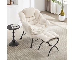 Lazy Chair met voetenbank, moderne lounge-accentstoel met armleuningen en een zijvak, gestoffeerde fauteuil voor vrije tijd, leesstoel met voetensteun voor kleine ruimtes, hoekstoel - wit