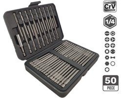 LB-Tools Bit set extra lang 50-delig bitset Chroom Vanadium CRV Torx, Inbus, Veeltand, Sleuf, Vierkant, Phillips, Pozidriv, Tri-Wing, Torq, Clutch, Spanner en Resistorx