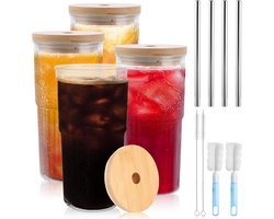 LDHHYH Bubble Tea beker, 700 ml, met deksel en rietje, ijskoffieglazen, drinkglas met rietje en deksel, transparante gestreepte glazen waterbekers, 4 stuks