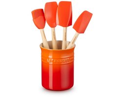 Le Creuset aardewerken spatelpot met 4 spatels - oranjerood