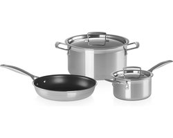 Le Creuset Pannenset Magnetik - Triply RVS - Inductie - Koekenpan, Kookpan & Steelpan - inclusief 2 deksels - 3 Delig