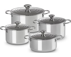 Le Creuset Pannenset Signature - RVS - Inductie - 4 Kookpannen - Inclusief Deksels - 4-Delig - Hoogwaardige Roestvrijstalen Pannen met Optimale Warmteverdeling en Duurzaam Design