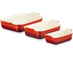 Le Creuset Set van 3 rechthoekige Heritage Ovenschalen 19/26/32 cm Kersenrood