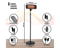 Leak-Care Staande Terrasverwarmer - Infrarood - 2000W - Energiezuinig - Met Afstandsbediening - 3 Standen - Zwart