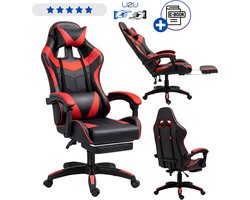 LEAN Gaming Chair - Zwart/Rood - Ergonomische Bureaustoel met Voetsteun, Lenden- en Hoofdkussen, Verstelbare Rugleuning tot 135°, Draaistoel met Wielen, In Hoogte Verstelbaar, Comfort voor Gamen, Werk en Studeren en Dagelijks Ontspannen - Met Ebook