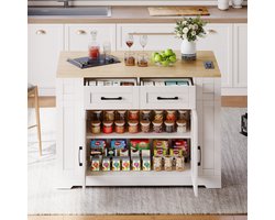 Learnlogic 120cm draagbare keukeneiland met klappbare eettafel, open plank, AC-aansluiting, USB-aansluiting, glazen deur, verstelbaar laminat, wielen met remmen voor keuken, eetkamer, woonkamer en meer.