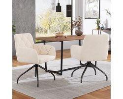 Learnlogic. 2-stuk 360° draaibare eetkamerstoelen met ruitpatroon, gepolsterde stoel met 4 metalen voeten, moderne loungestoel, voor woon-, slaap- en werkkamer, lage rugsteun, fluweel, beige