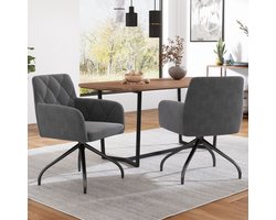 Learnlogic. 2-stuk 360° draaibare eetkamerstoelen met ruitpatroon, gepolsterde stoel met 4 metalen voeten, moderne loungestoel, voor woon-, slaap- en werkkamer, lage rugsteun, fluweel, antraciet