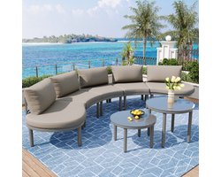 Learnlogic 5-zits tuinmeubelset, 2 salontafels van gehard glas, gegalvaniseerd ijzeren frame, comfortabel tuinmeubilair met grijze zitkussens en kussens, met verstelbare poten, elegante ronde bank