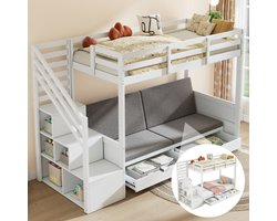 Learnlogic 90x200cm kinderen stapelbed, wit, multifunctioneel, met trapkast en 2 laden, onderste laag kan als bed of sofa worden gebruikt, bevat kussens, matras niet inbegrepen